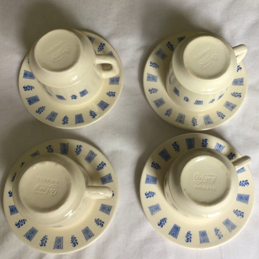 Set of Four Cream colored Mugs and Saucers with blue print design - Picture 4 of 8